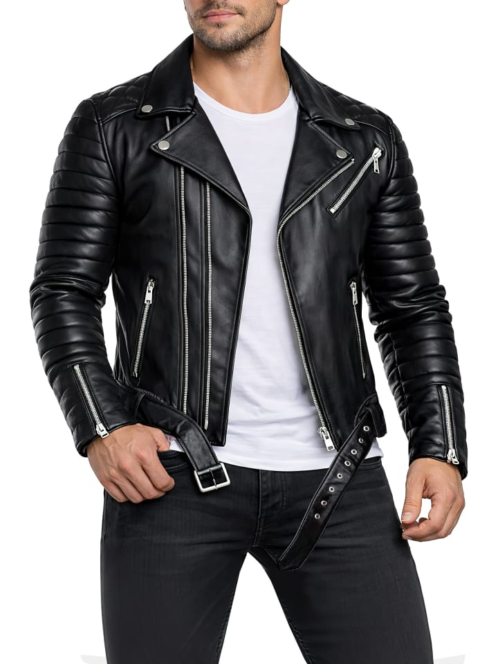 Herren Slim Fit Kunstleder Jacke Silver Zipper in Black