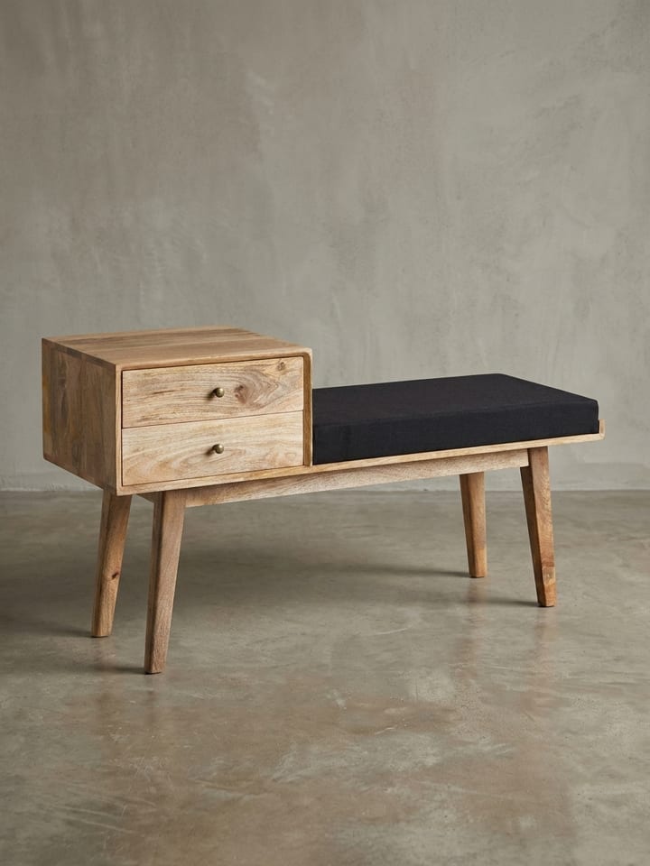 Sitzbank Polsterbank | Stoff/Massiv, 120x65x40cm, Stauraum, Retro