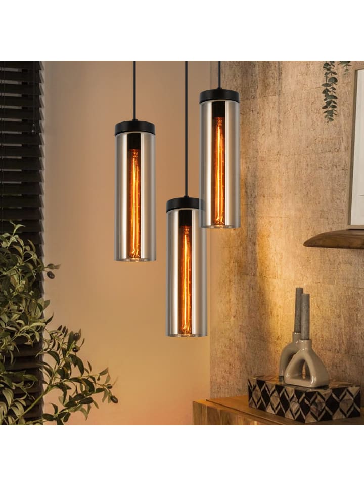 Pendelleuchte in rauchgrau 3-flammige E27 rund Glas H 120cm