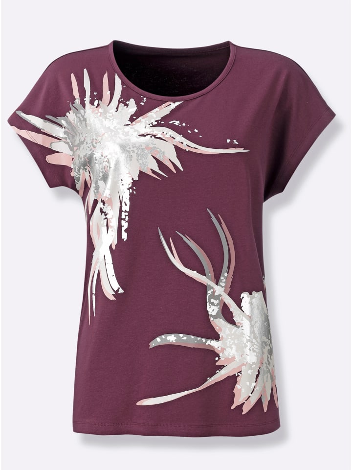 Rundhals-Shirt in burgund-silberfarben-bedruckt