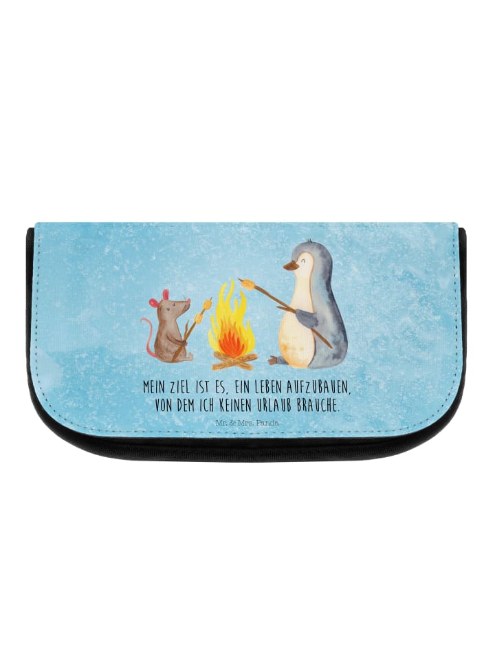 Make-up-Organizer Pinguin Lagerfeuer mit Spruch in Eisblau