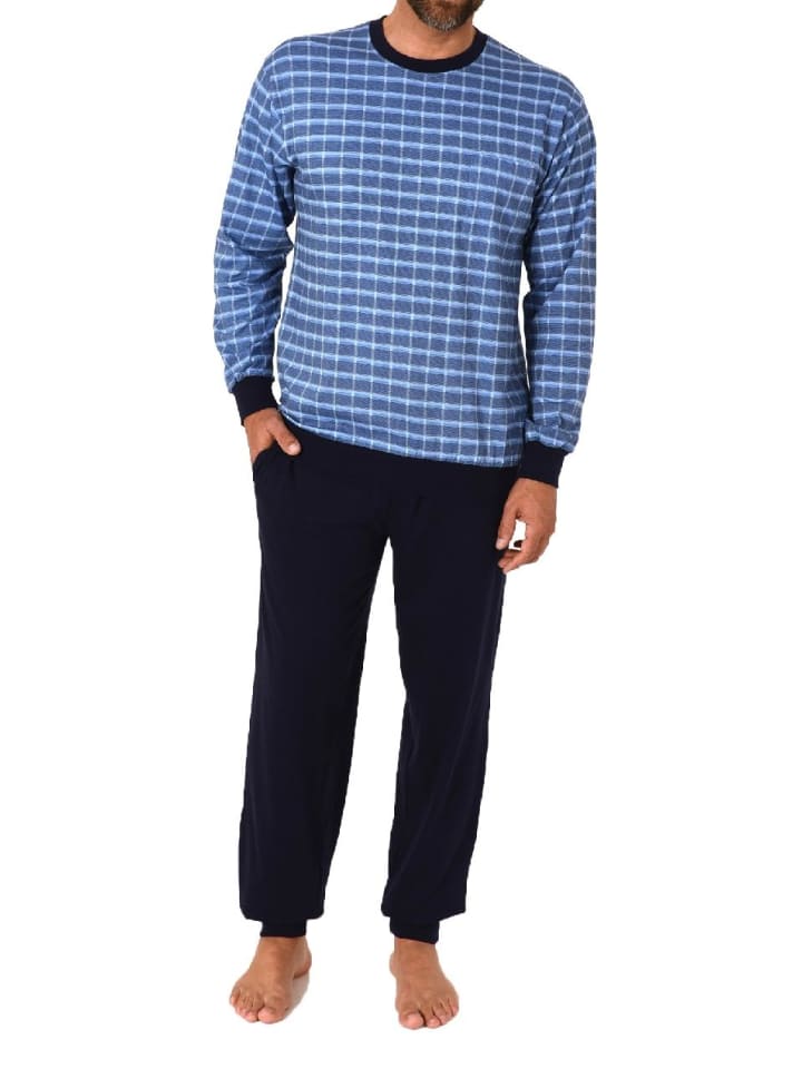 Schlafanzug Pyjama Bündchen Karo - 71657 in hellblau