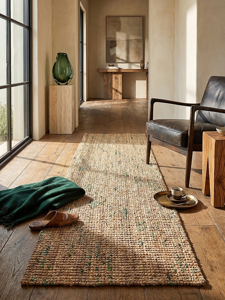 Naturfaser-Teppich Handgewebt ERME Jute Naturbelassen Modern in Natur-Grün