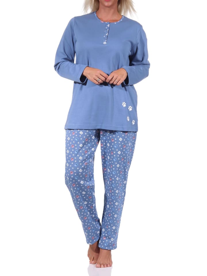 Pyjama langarm Schlafanzug Kuschel interlock Tier - 69521 in blau