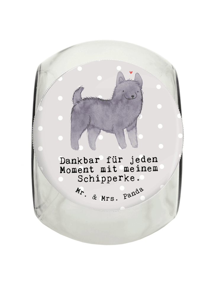 Leckerli Glas Schipperke Moment mit Spruch in Grau Pastell