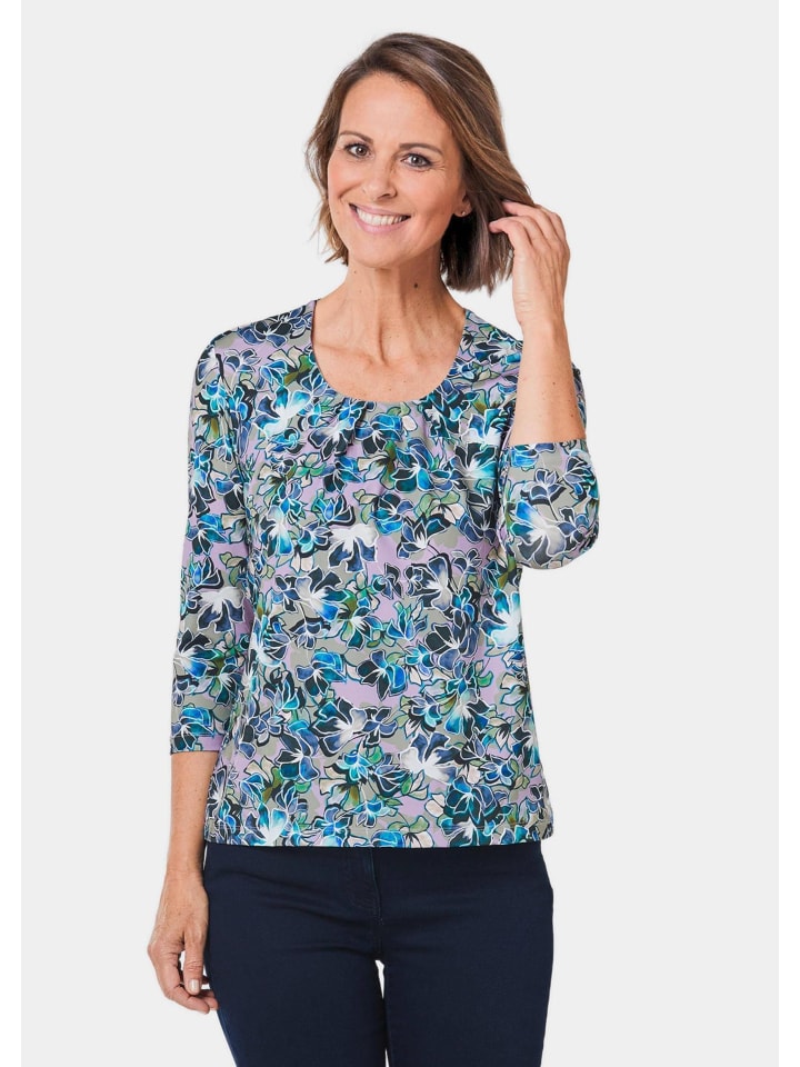 Kurzgröße: Florales Halbarmshirt mit Rundhals in marine / flieder / gemustert