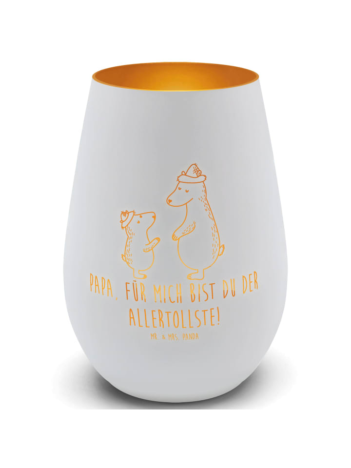 Gold Windlicht Bären mit Hut mit Spruch in Weiß