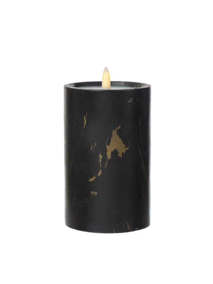 LED Kerze in Marmoroptik Zement Wachs flackernd H: 16cm in schwarz