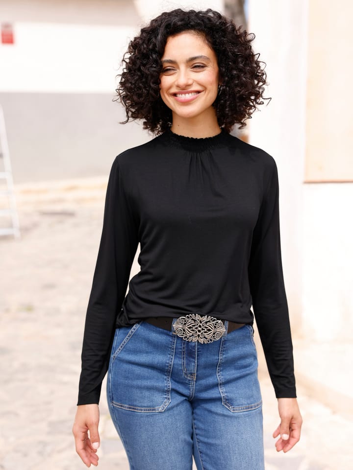 Stehkragen-Shirt in schwarz