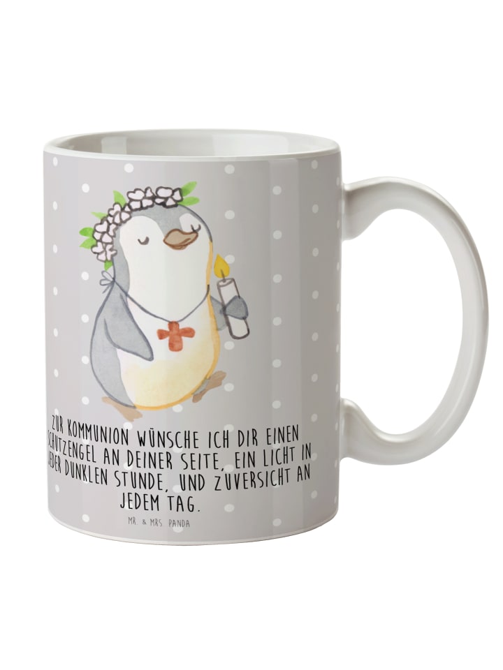 Tasse Pinguin Kommunion mit Spruch in Grau Pastell