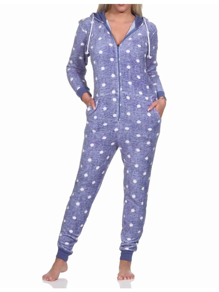 Jumpsuit Schlafanzug Overall Coralfleece Tupfen Punkte - 76721 in blau