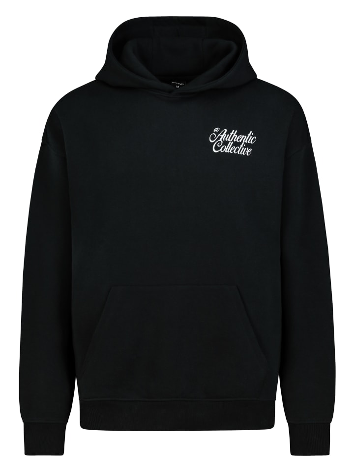 Kapuzenpullover mit Logo-Schriftzug, Kängurutasche in Schwarz