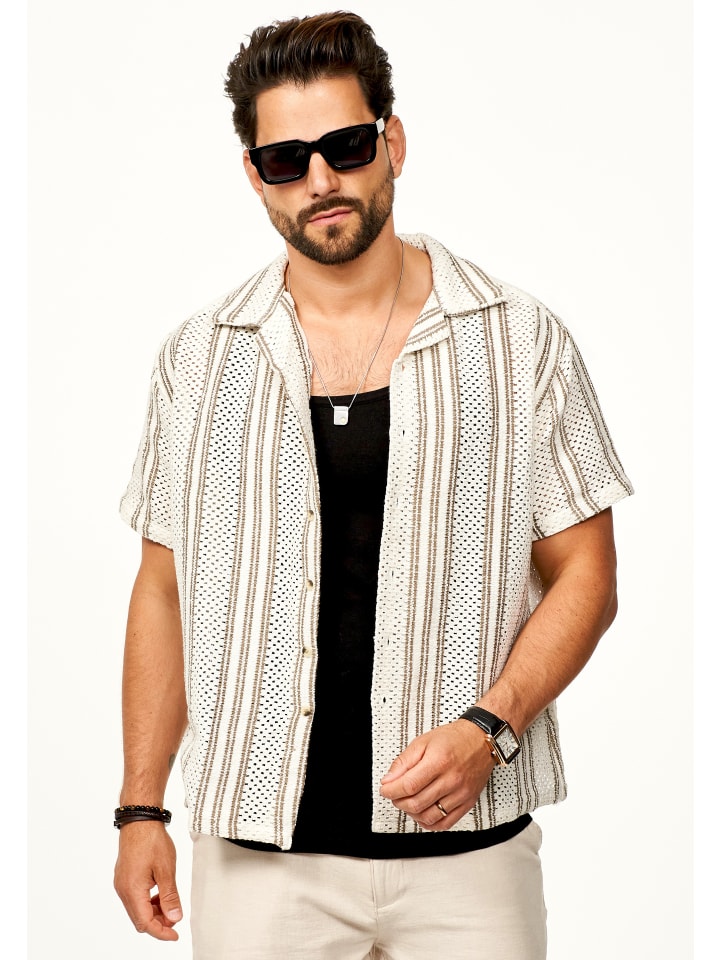 Kurzarmhemd - für Herren Strick Polo Hemd im Retro-Look in Ecru