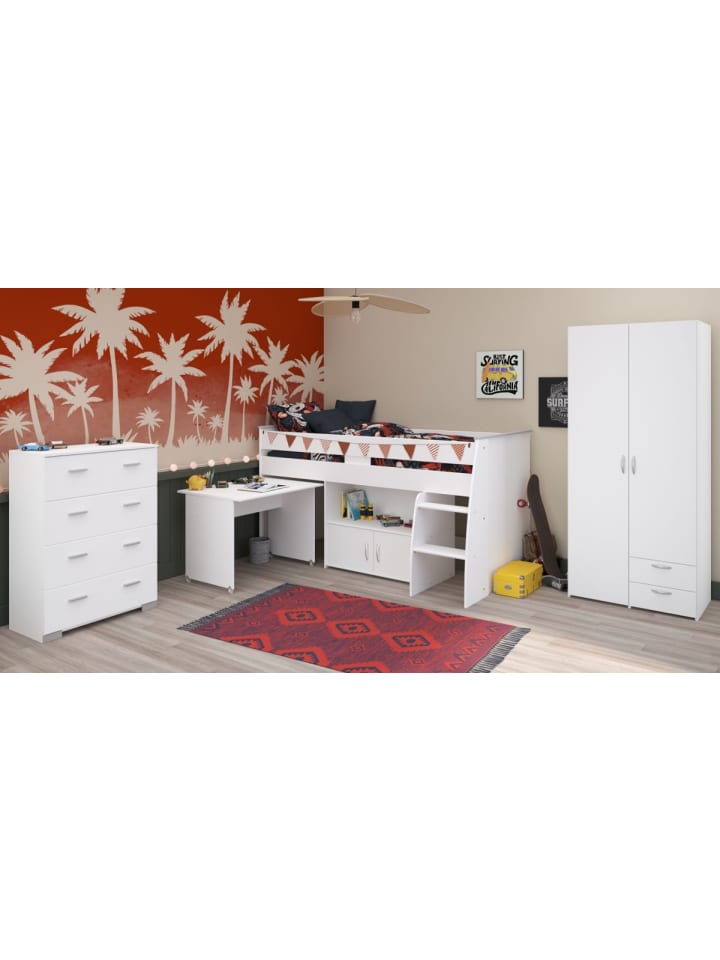 Kinderzimmer Set 3-teilig in weiß mit Stauraumbett, Kleiderschrank, Kommode