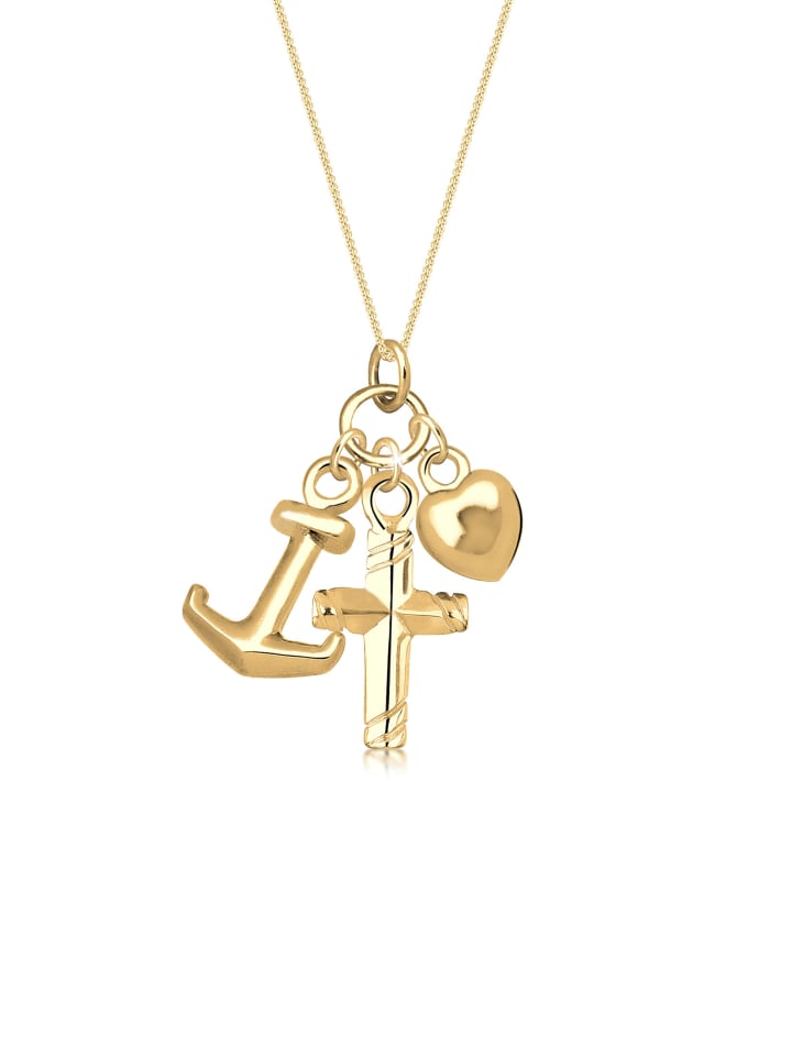 Halskette 925 Sterling Silber Anker, Herz, Kreuz in Gold