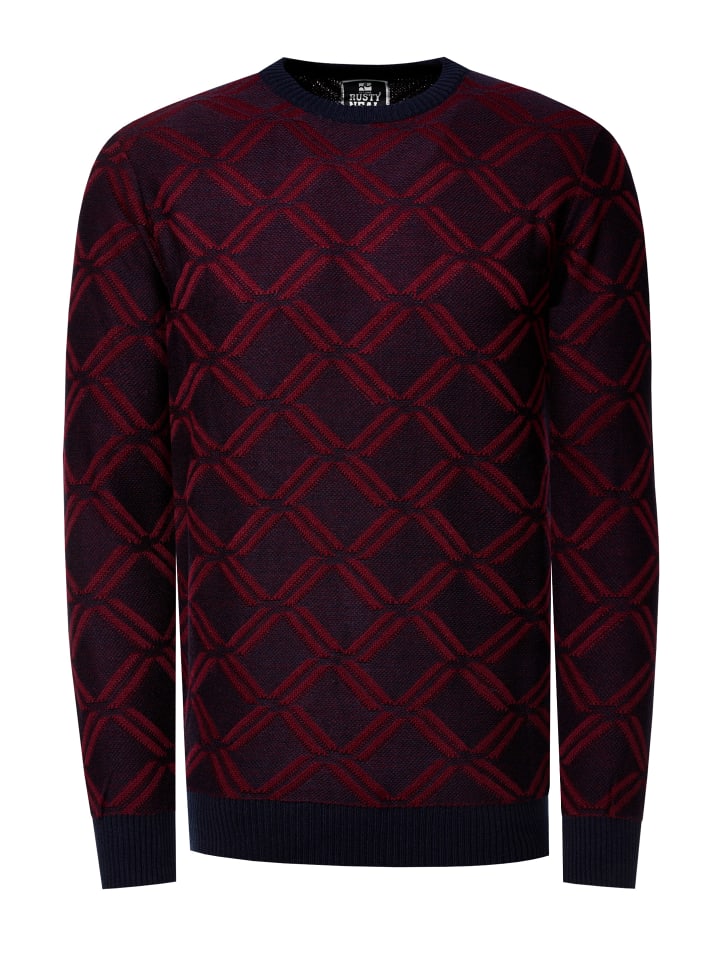 Feinstrick mit Karo-Muster Rundhals-Pullover in Marine / Weinrot