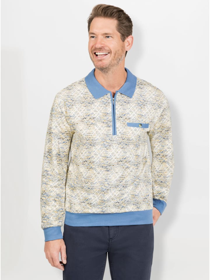 Langarm-Poloshirt in mittelblau-bedruckt