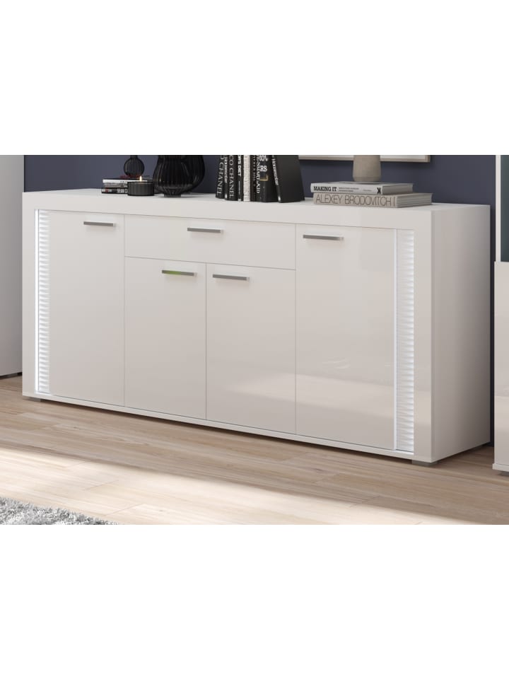 Sideboard weiß Hochglanz 180 cm, mit Soft-Close-Funktion, inkl. Beleuchtung