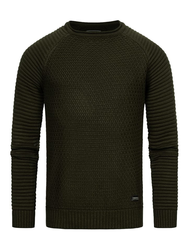 Schwerer Biker Grobstrick Rundhals-Pullover in Khaki