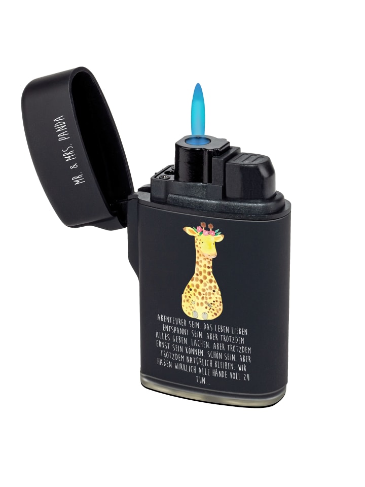 Sturmfeuerzeug Giraffe Blumenkranz mit Spruch in Schwarz