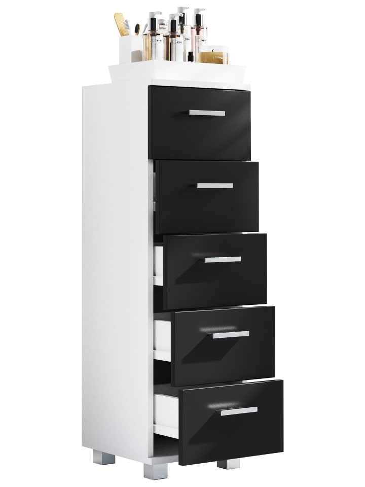Holz Badmöbel Schubladen Badschrank Kommode Zalo M in Weiß / Schwarz