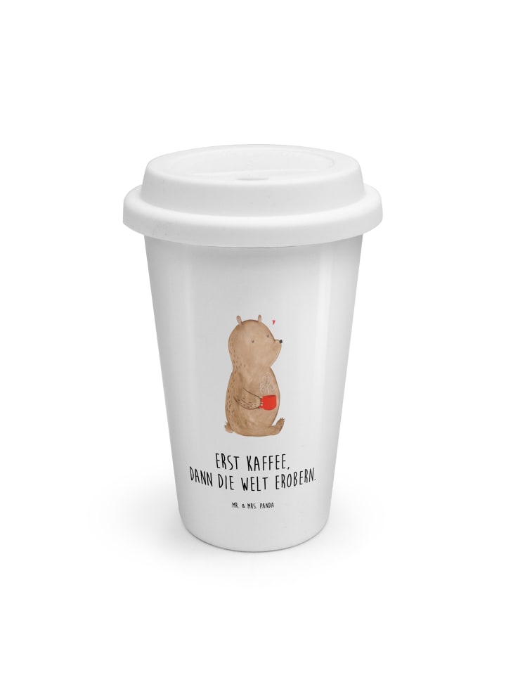 Keramikbecher Bär Kaffee mit Spruch in Weiß