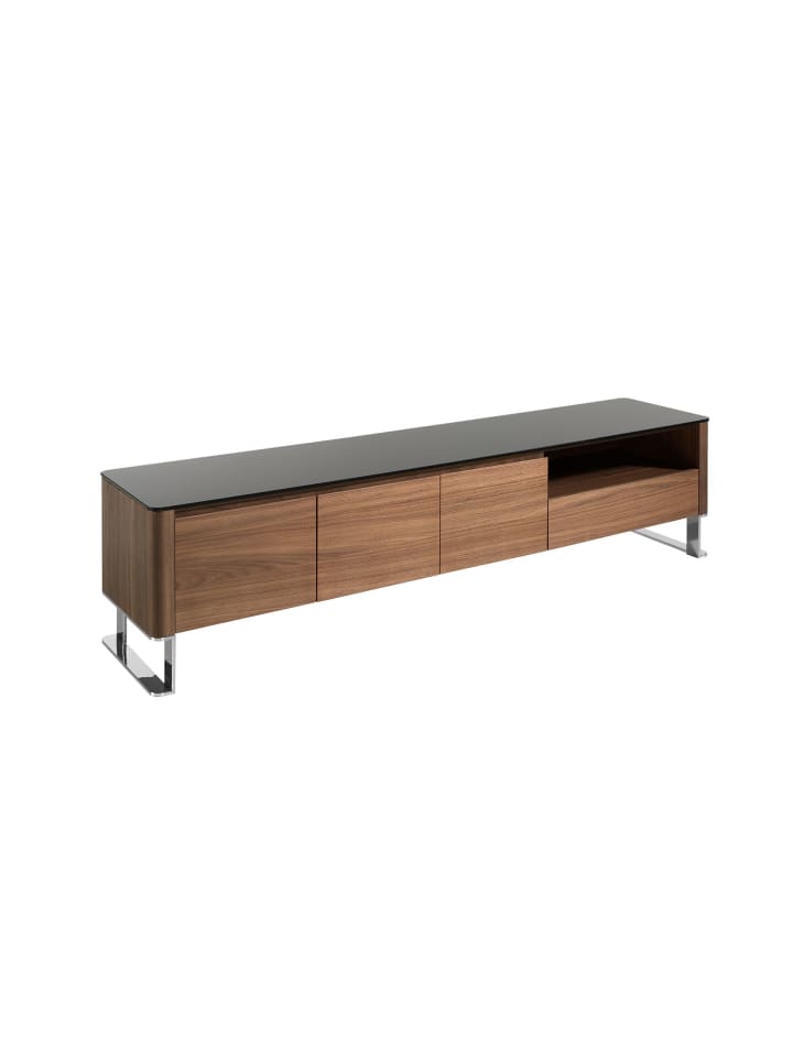 TV-Schrank 3047 in Walnuss / Stahl / Schwarzes Glas – (B)200 x (H)45 x (T)48 cm