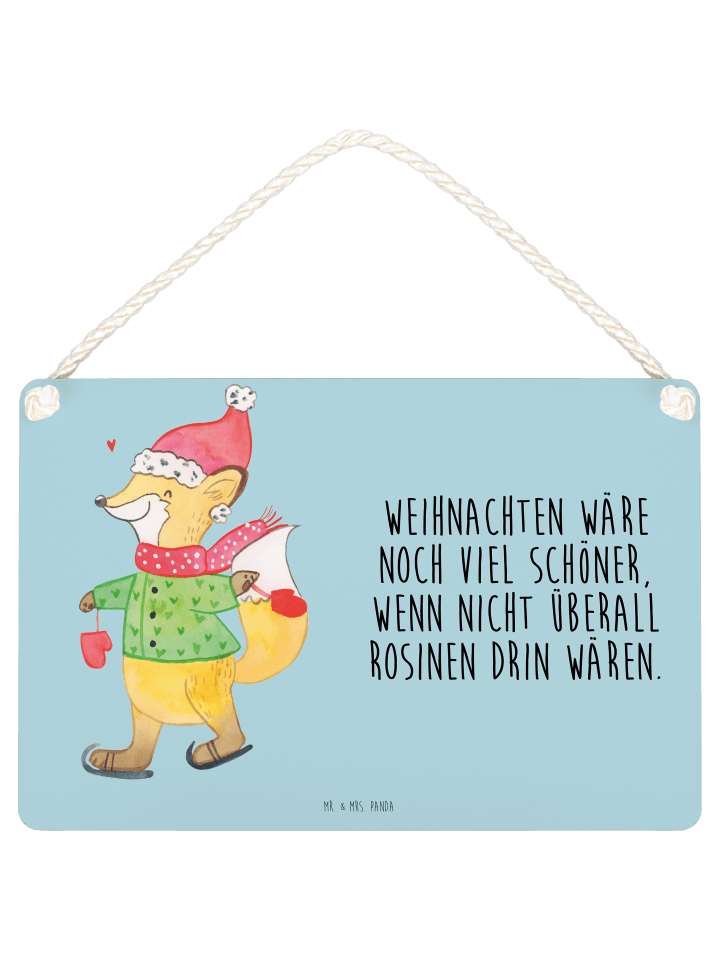 Wandbild Holz Fuchs Schlittschuhe mit Spruch in Eisblau