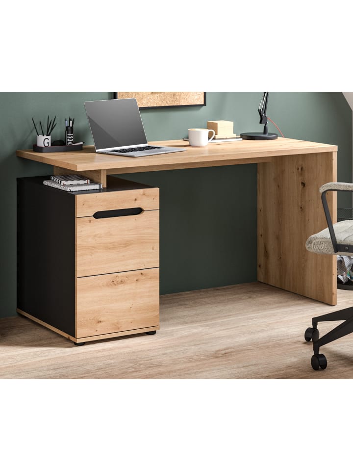 Schreibtisch in Eiche Artisan und grau 138 cm, Bürotisch mit Stauraum
