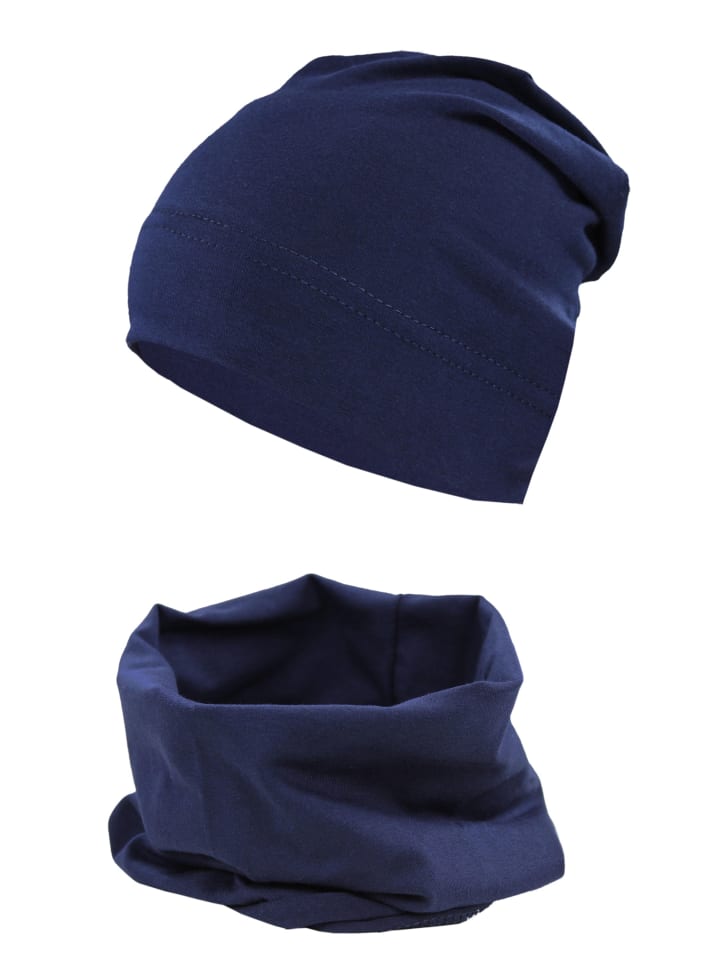 Jungen Beanie Mütze und Schlauchschal 2er Set in dunkelblau