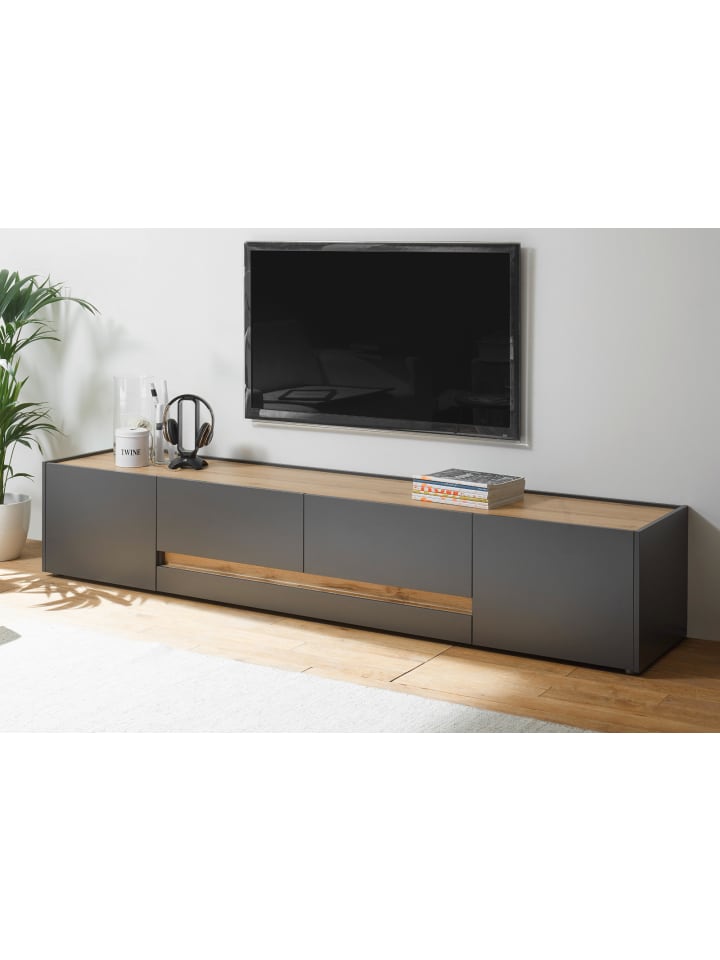 TV-Lowboard grau matt, Eiche Wotan 223 cm, TV Unterschrank mit viel Stauraum