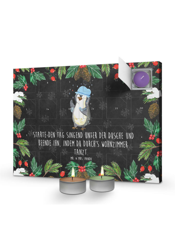 Adventskalender Pinguin Duschen mit Spruch in Kreidetafel