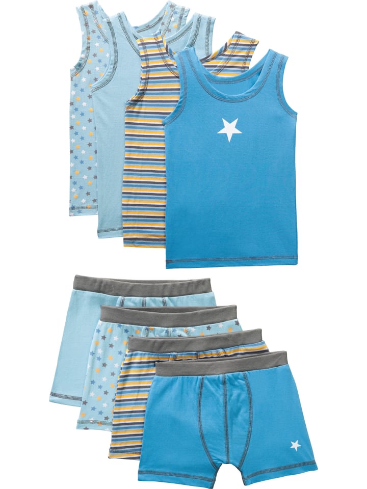 Baumwolle, Single-Jersey Jungen-Unterwäsche-Set 8-teilig in blau/gelb