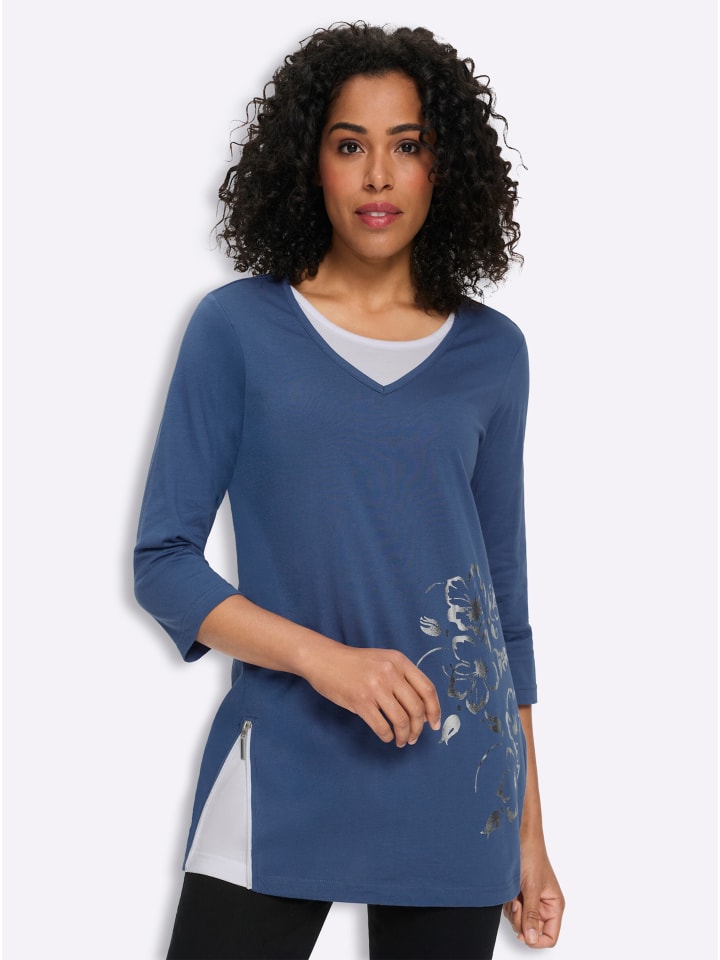 Longshirt in jeansblau-weiß