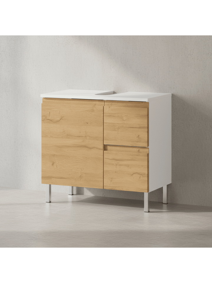 Unterschrank für Waschbecken, Weiß-Eiche, 60x34x56 cm, mit Chromfüßen