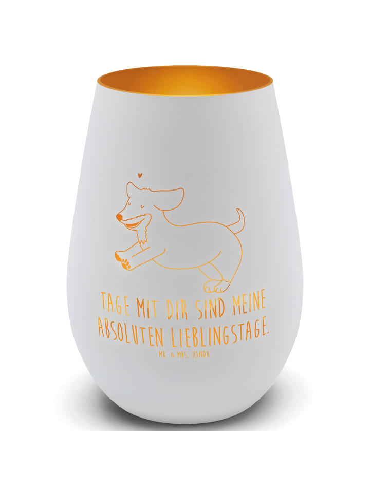 Windlicht Glas Hund Dackel mit Spruch in Weiß