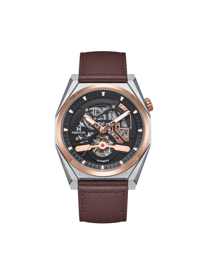 Amadeus Halbskelett-Uhr mit Lederarmband in Rose Gold/Brown