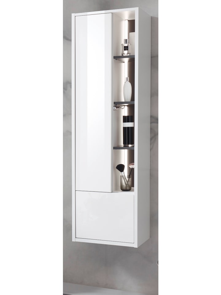 Badschrank weiß Hochglanz, grau, Badezimmer Hochschrank inklusive Beleuchtung