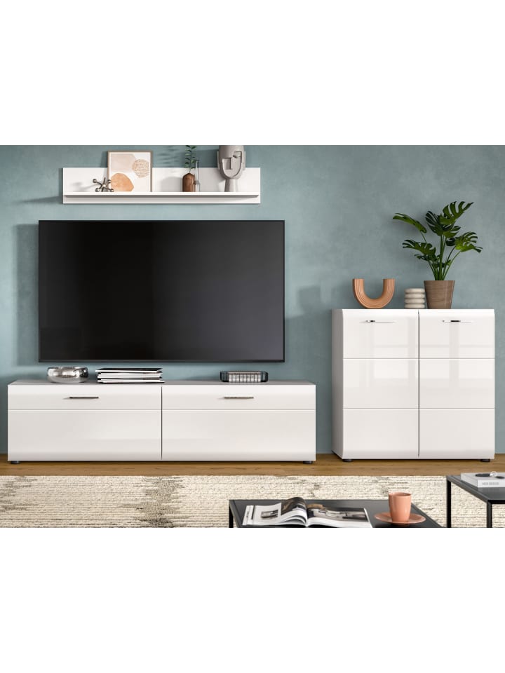 Wohnwand weiß Hochglanz 3-teilig 255 cm, Schrankwand modernes Design