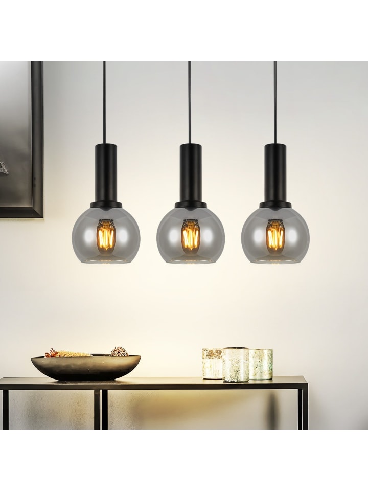 Pendelleuchte in Schwarz und rauchgrau 3-flammige E27 Glas und Metall