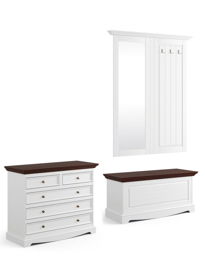 Garderoben-Set Belluno Elegante Kiefer weiß lackiert / Nussbaum 223 / 45 / 133cm