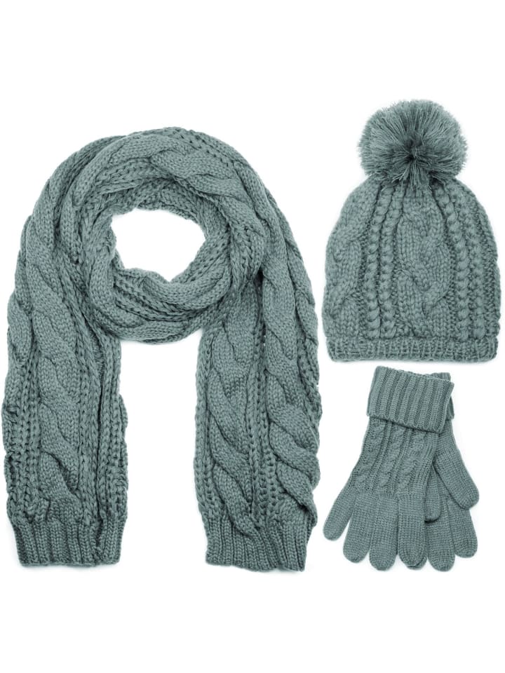 Strick Schal, Mütze und Handschuhe Set in Grau