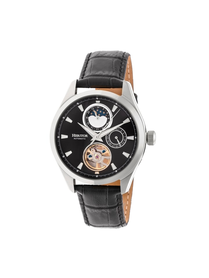 Sebastian Halbskelett-Uhr mit Lederarmband in Silver/Black