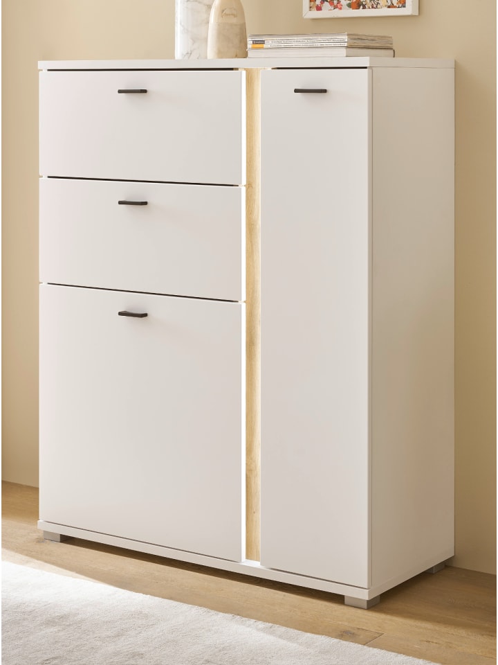 Highboard weiß matt, Eiche Wotan 100 x 125 cm, Kommode inkl. Frontbeleuchtung