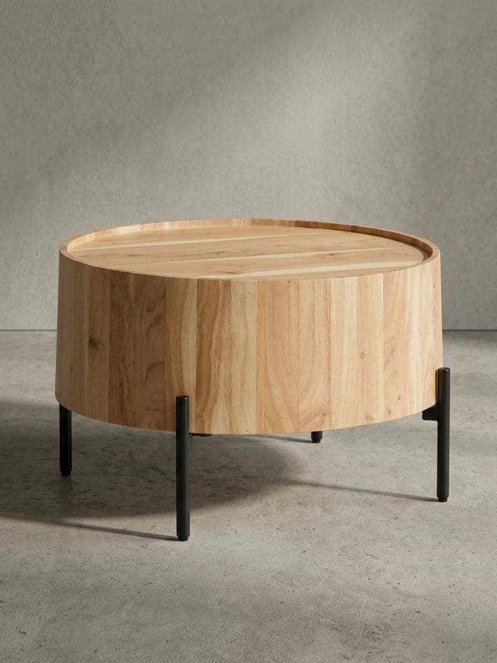 Couchtisch Massivholz 60x60x41 cm Rund mit Metallgestell,