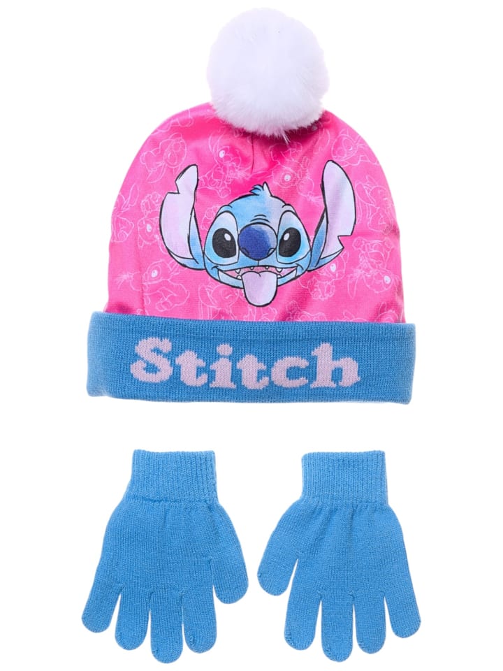 2-tlg. Winter Set: Disney Stitch Bommelmütze & Handschuhe in Blau