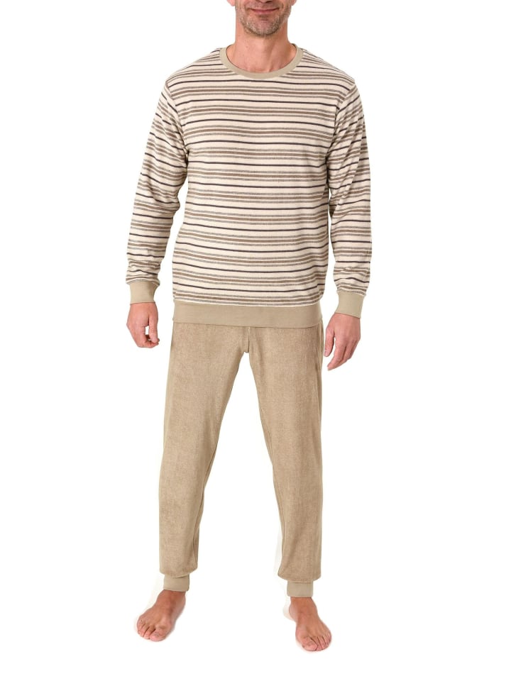 Langarm Schlafanzug Frottee Bündchen in beige