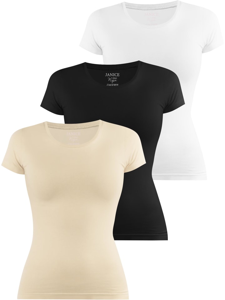 3 x Damen T-Shirt Nysa in Beige/Schwarz/Weiß