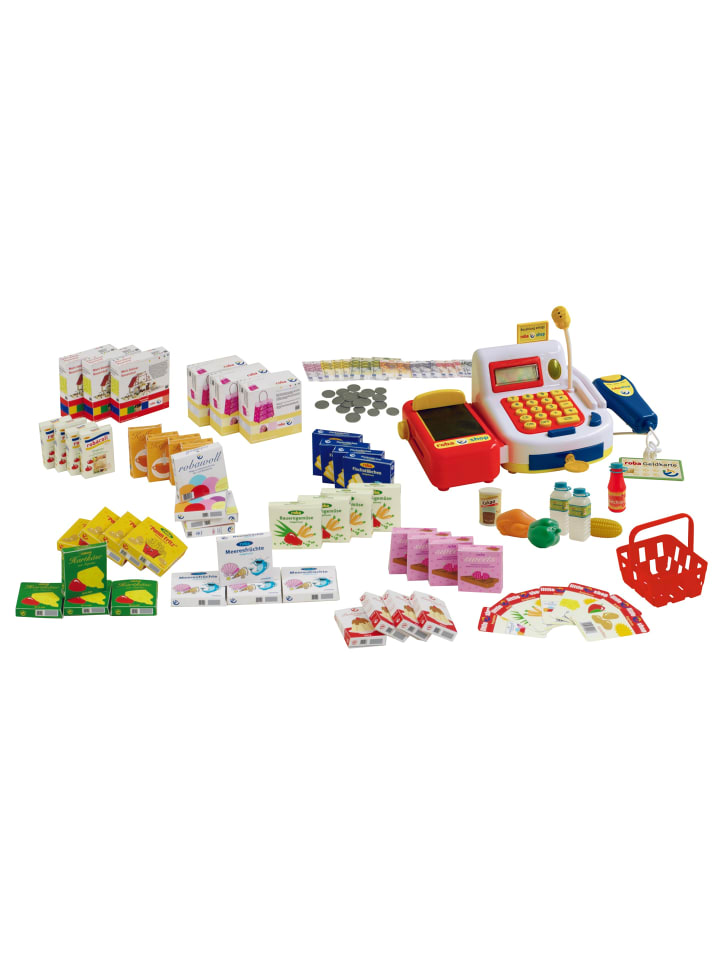 Kaufladenzubehör mit Kasse, Spielgeld, Einkaufskorb, Lebensmitteln & Schildern