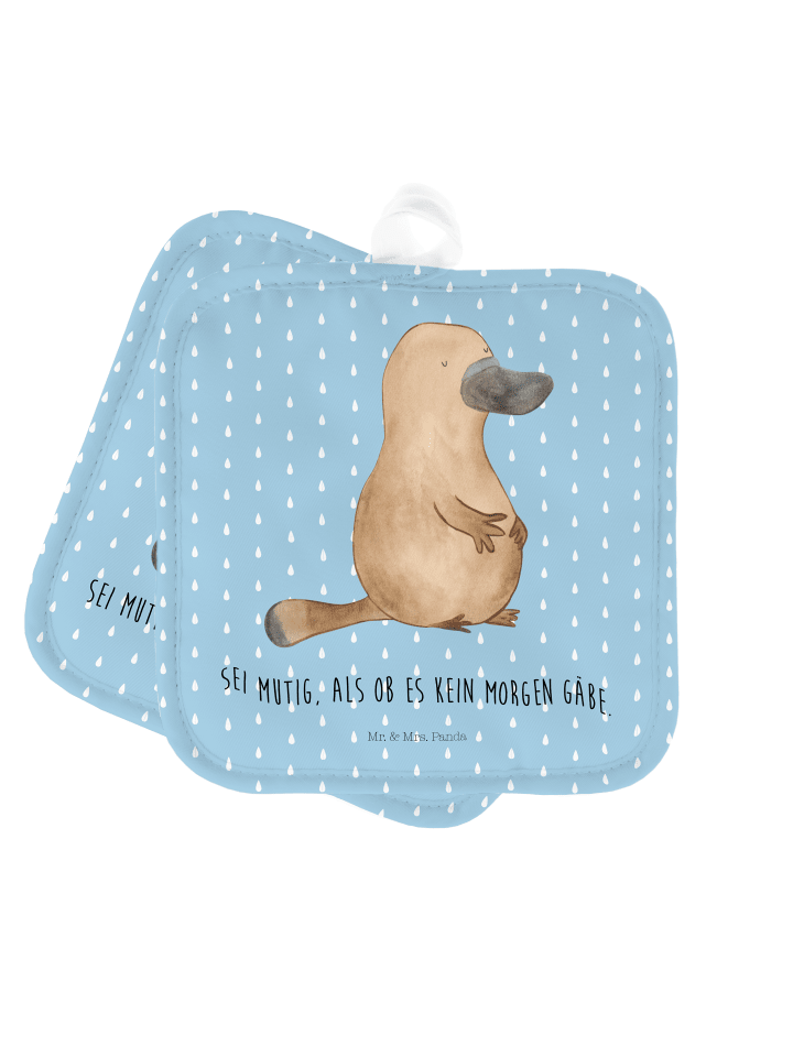 Topflappen Schnabeltier Mut mit Spruch in Blau Pastell